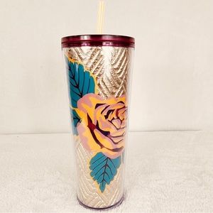 Starbucks Metallic Gold Foil Quilted Rose Floral Tumbler